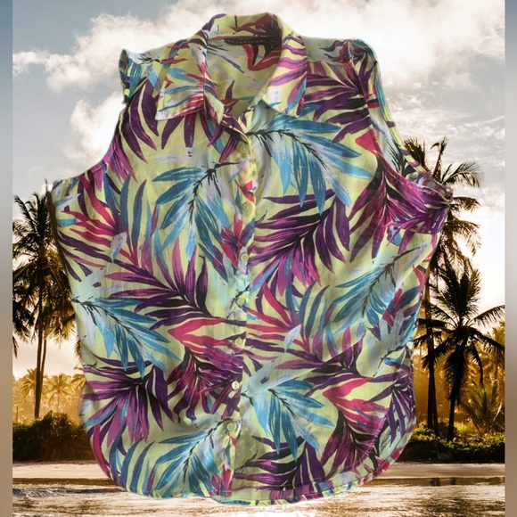 Pre Owned Women’s attention Sleeveless Floral Blouse Sz Lg Hawaii Vacay Vibe - Picture 1 of 9
